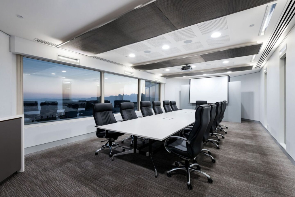 Office fit out meeting room with big open windows and bright lighting