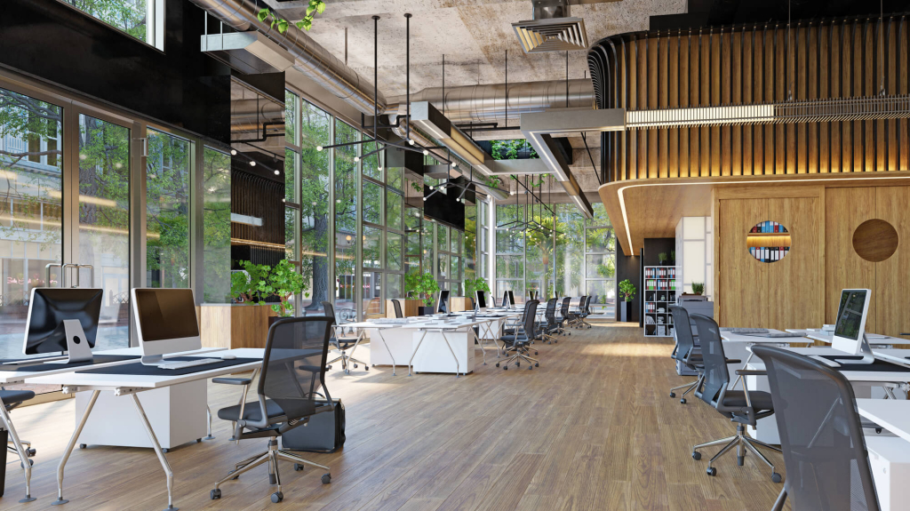 Eco-friendly coworking space with abundant natural light, green office decor, and collaborative workspaces to promote productivity.